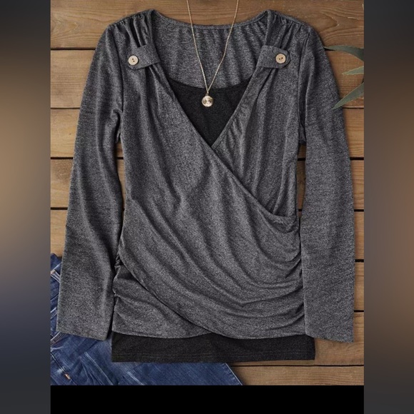 Amazon Tops - Ruched Button Detail Wrap Cross long Sleeve Tee women’s size Large